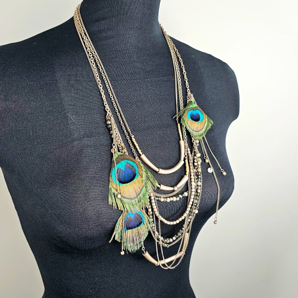 Express Multi-Strand Peacock Feather Statement Ne… - image 4